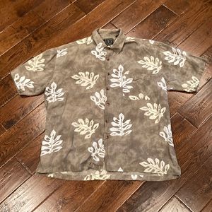 Men’s Fiend Brown White Tropical Leaf Hawaiian Button Front Shirt Size XL USED
